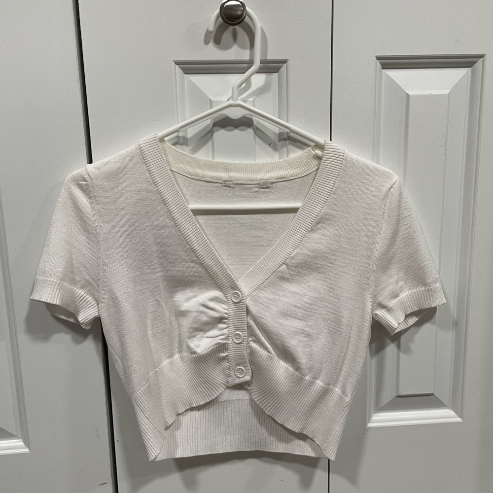 White Button-Up V-Neck Women's Top